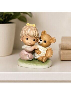 Enesco Figurine Girl and Teddy Bear Grass Base #1424 3.25"